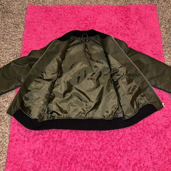 Green and Black Leather Bomber Jacket - Picture 2 of 6